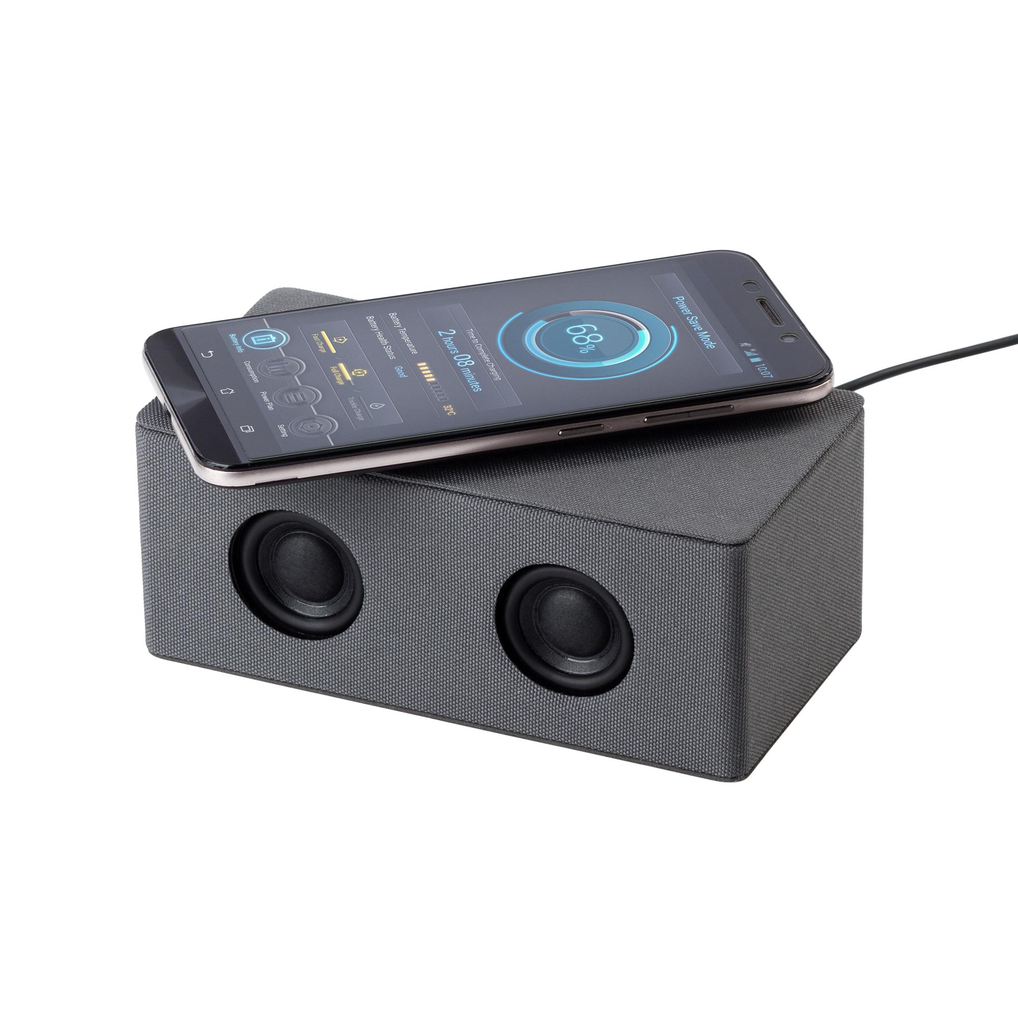 Bluetooth колонка "Cool Gray" с двумя динамиками (2х3Вт) и беспроводным зарядным устройством, переработанный пластик (RPET), цвет серый, фото 3