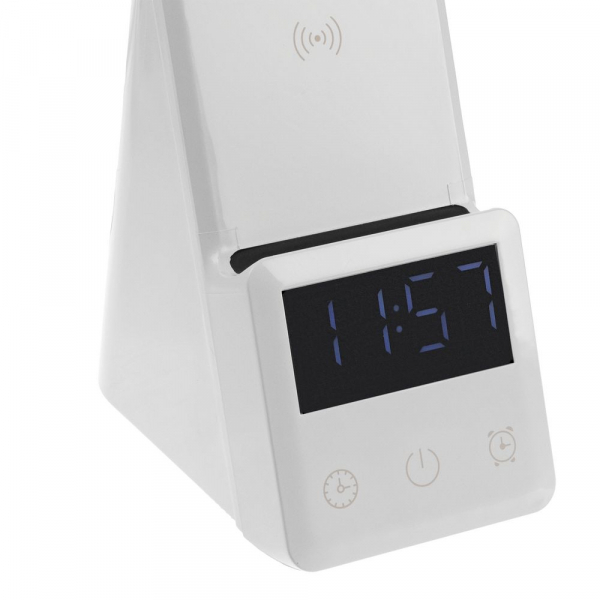 Лампа с будильником для беспроводной зарядки смартфона и часов Powerack, белая - купить оптом