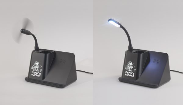 Карандашница "Black Star" с беспроводным (10W) зарядным устройством, вентилятором и лампой, с подсветкой логотипа, цвет черный - купить оптом