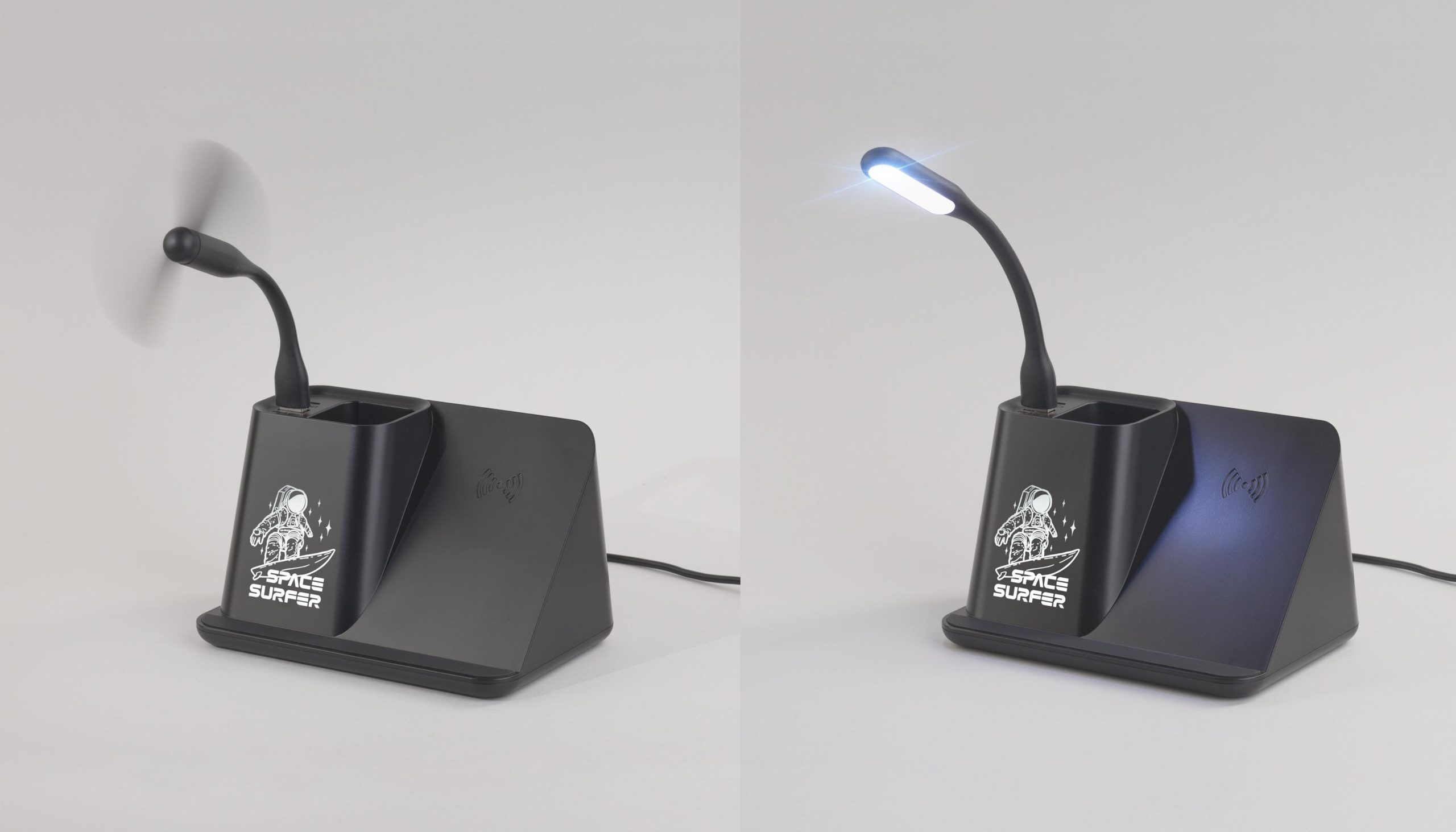 Карандашница "Black Star" с беспроводным (10W) зарядным устройством, вентилятором и лампой, с подсветкой логотипа, цвет черный, фото 3