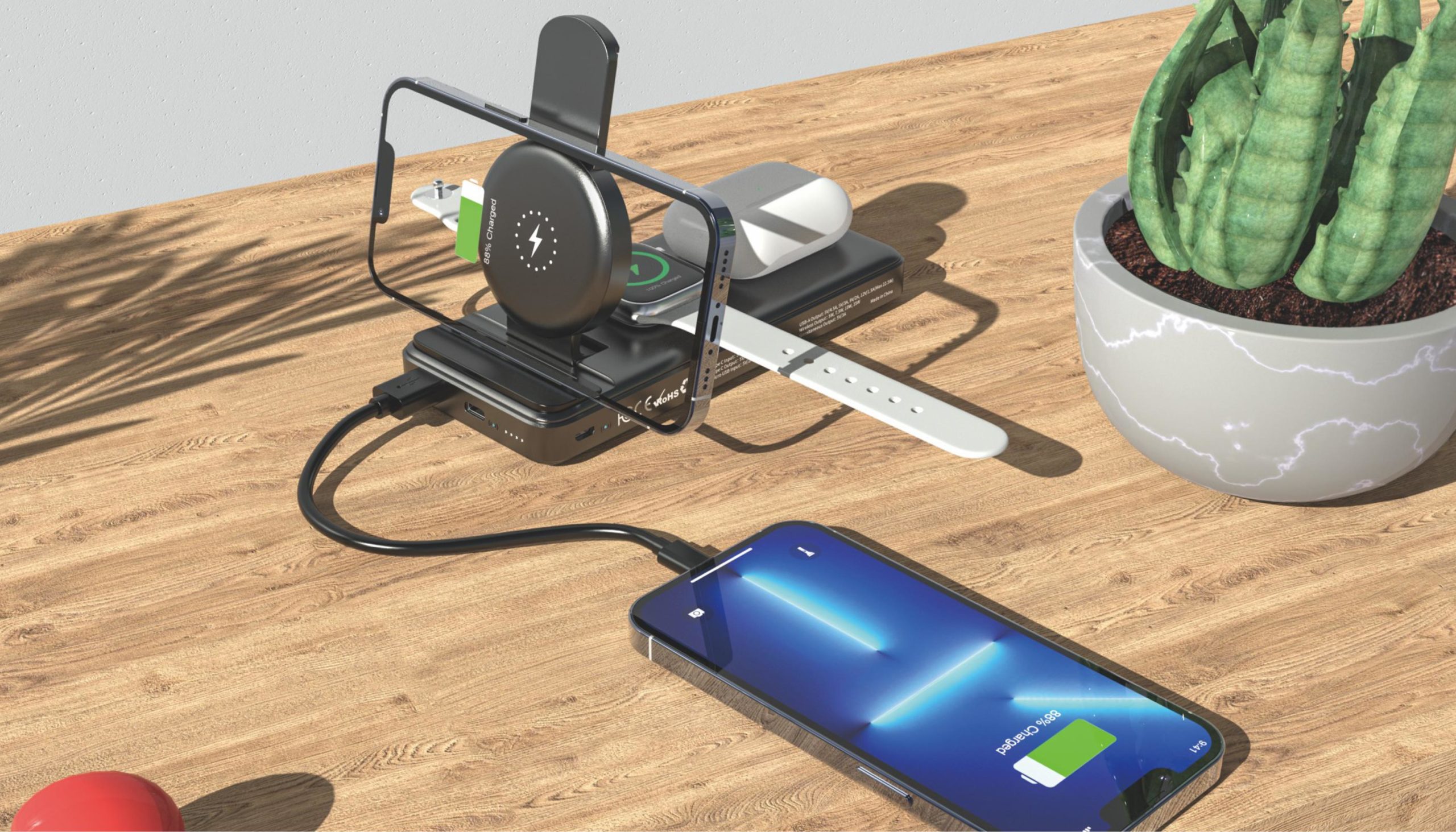 Беспроводная зарядная (20W/15W) станция-пауэрбэнк "Slider" 10000 mAh для смартфонов, наушников, часов, с подвижным зарядным блоком, цвет черный, фото 4