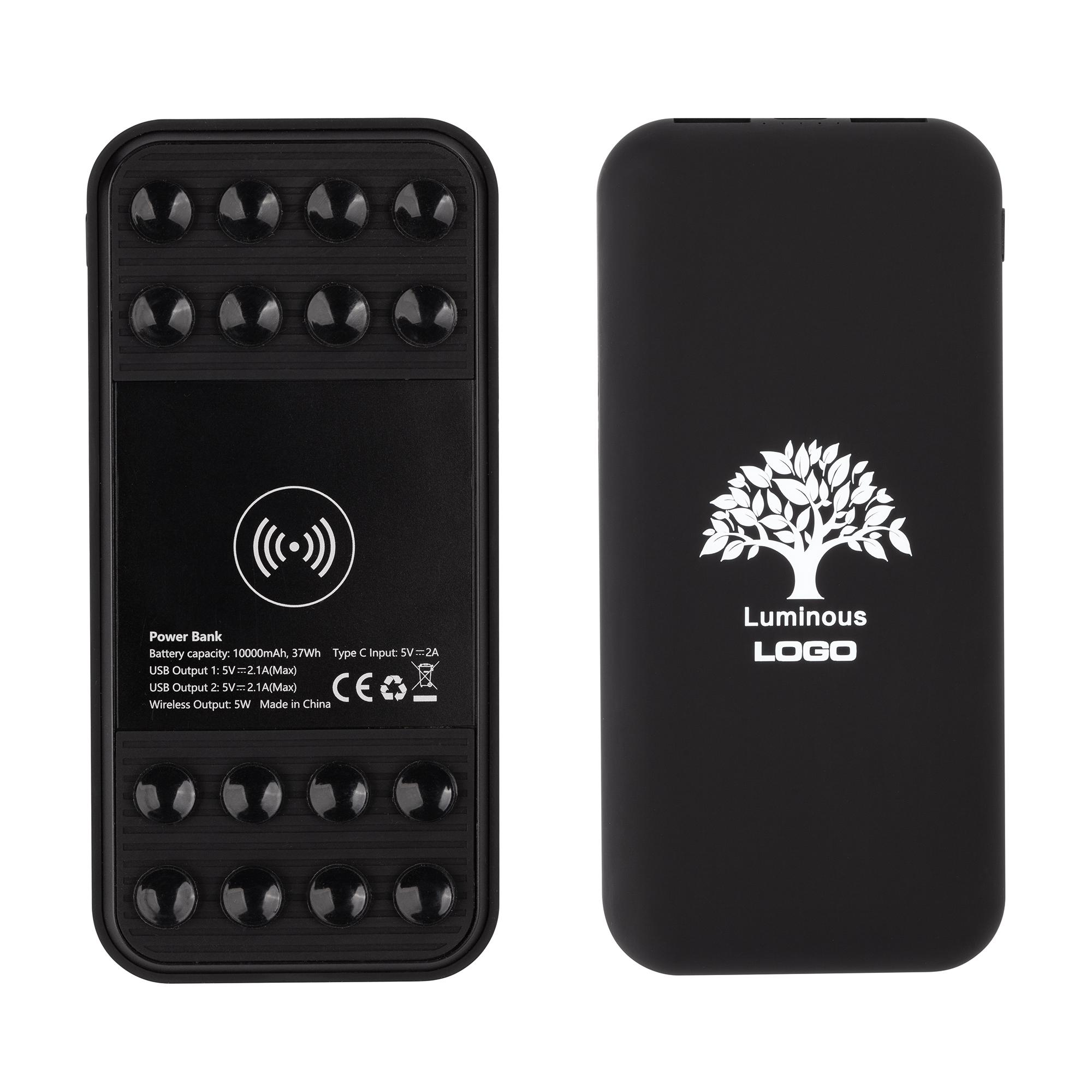 Беспроводное зарядное устройство "Sticky SOFTTOUCH", 10000 mAh с подсветкой логотипа и присосками, цвет черный
