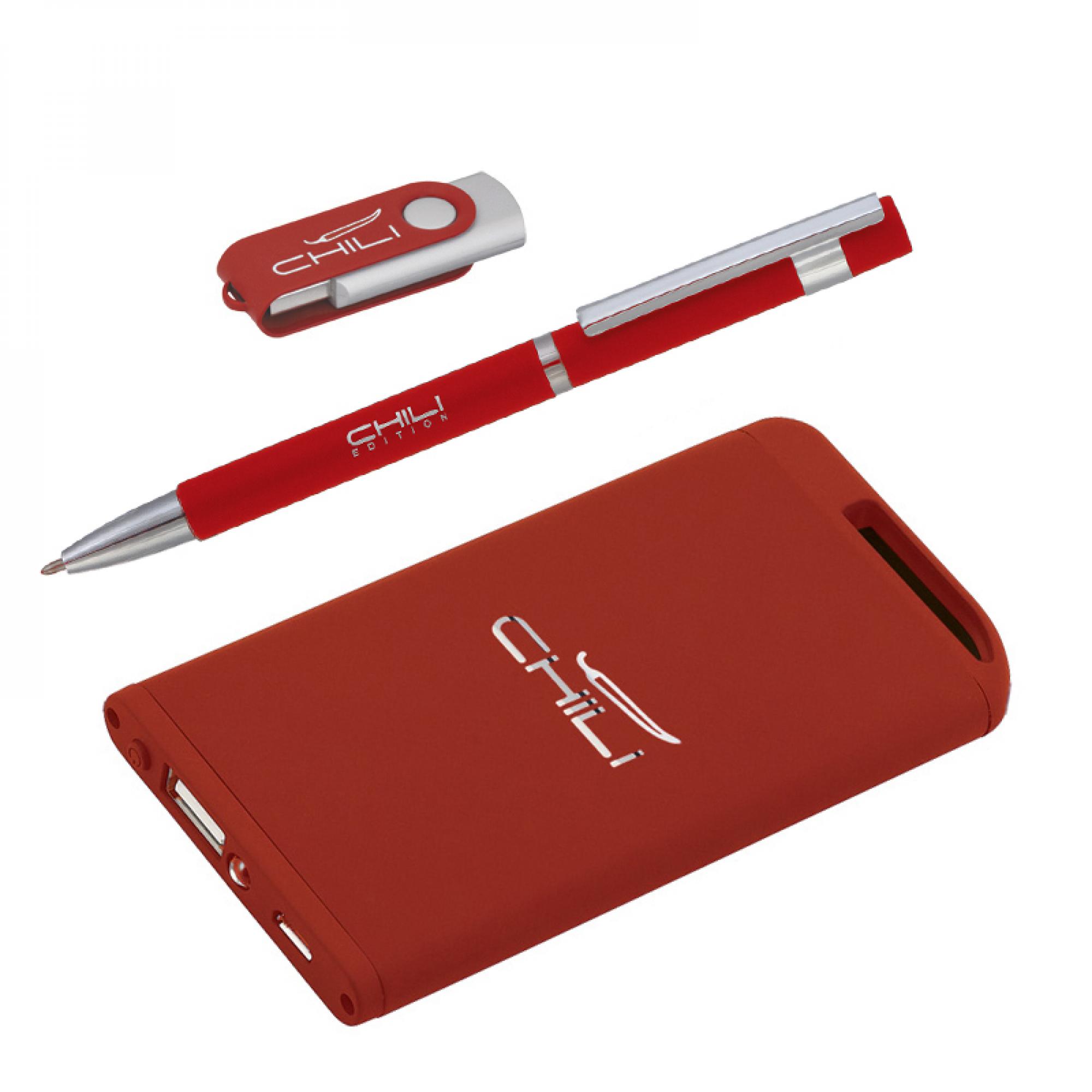 Набор ручка + флеш-карта 8Гб + зарядное устройство 4000 mAh soft touch, цвет красный, фото 1