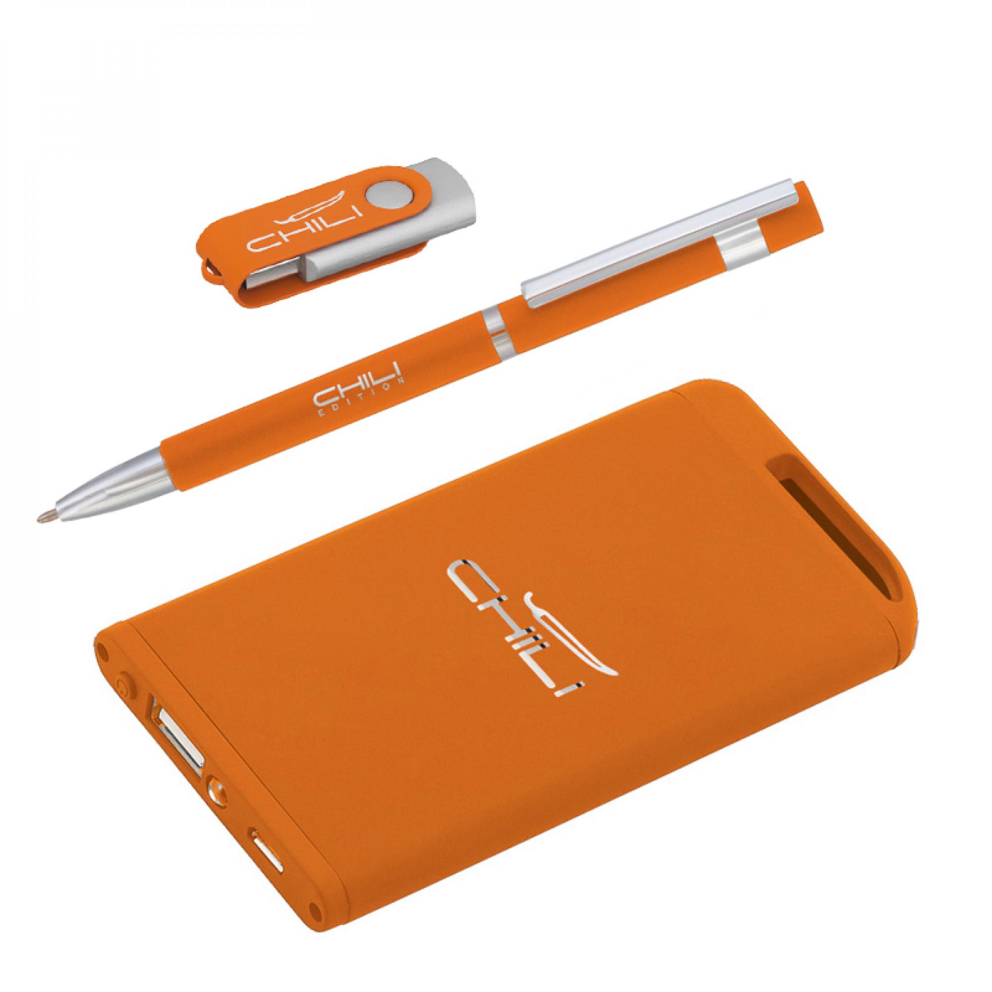 Набор ручка + флеш-карта 8Гб + зарядное устройство 4000 mAh soft touch, цвет оранжевый, фото 1