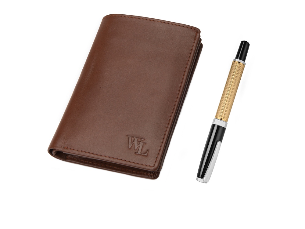 Набор William Lloyd : портмоне, ручка роллер, портмоне- коричневый, ручка- черный/золотистый - купить оптом