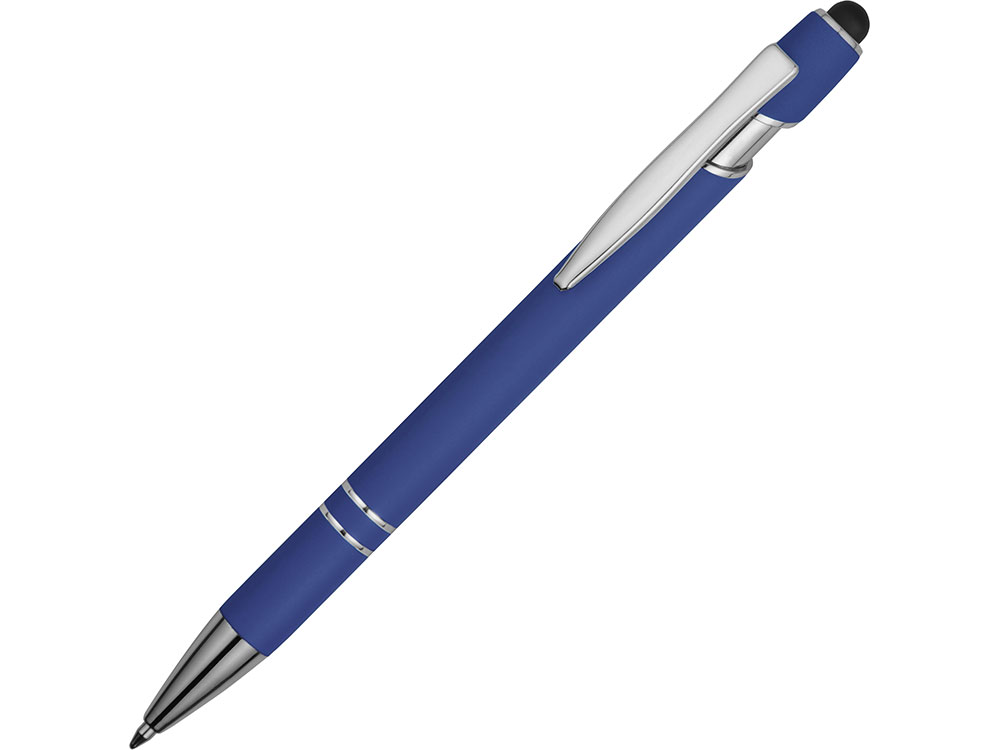 Ручка металлическая soft-touch шариковая со стилусом Sway, ярко-синий/серебристый - купить оптом