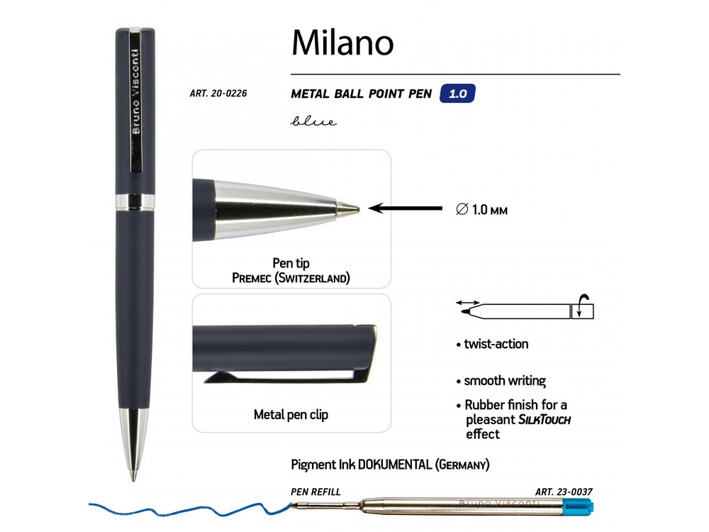 Ручка шариковая автоматическая BrunoVisconti 1 мм, синяя Milano (синий металлический корпус) - купить оптом