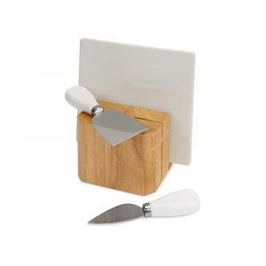 Набор для сыра Cheese Break: 2  ножа керамических на  деревянной подставке, керамическая доска, ножи- белый/серебристый, доска- белый, подставка- натуральный - купить оптом