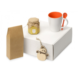 Подарочный набор с чаем, кружкой, медом и новогодней подвеской Чайная церемония, оранжевый - купить оптом