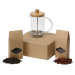 Подарочный набор с чаем и френч-прессом Чайная композиция, френч-пресс- прозрачный/натуральный, упаковка чай- крафт, наполнитель- зеленая липа