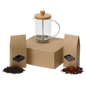 Подарочный набор с чаем и френч-прессом Чайная композиция, френч-пресс- прозрачный/натуральный, упаковка чай- крафт, наполнитель- зеленая липа - купить оптом