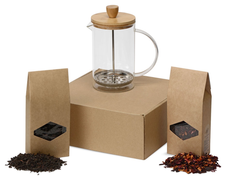 Подарочный набор с чаем и френч-прессом Чайная композиция, френч-пресс- прозрачный/натуральный, упаковка чай- крафт, наполнитель- зеленая липа - купить оптом