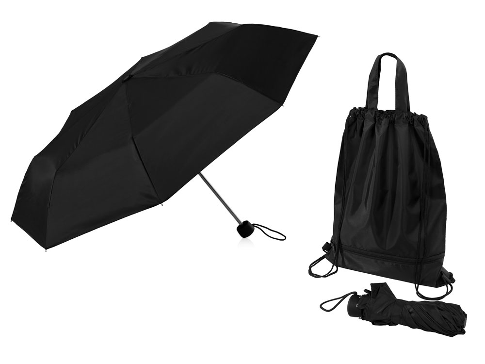 Зонт Picau из переработанного пластика в сумочке, черный - купить оптом