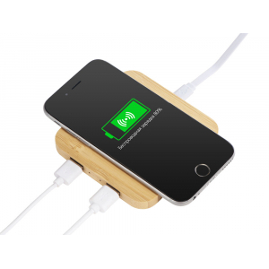 USB-хаб с беспроводной зарядкой из бамбука Plato, натуральный - купить оптом