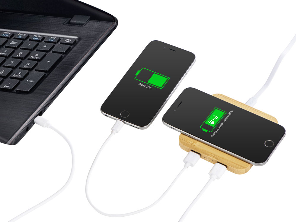 USB-хаб с беспроводной зарядкой из бамбука Plato, натуральный - купить оптом