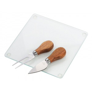 Набор для сыра Dorblue из стеклянной доски и вилки с ножом, прозрачный, коричневый/серебристый - купить оптом
