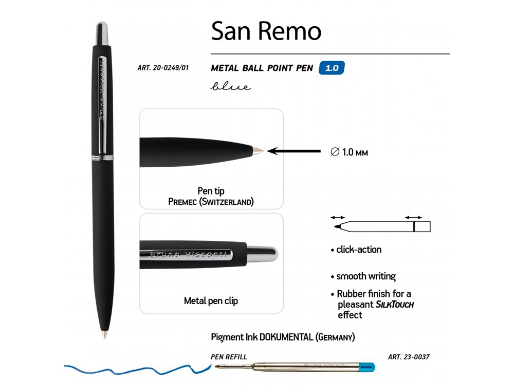 Ручка SAN REMO шариковая  автоматическая, черный металлический корпус, 1.00 мм, синяя - купить оптом