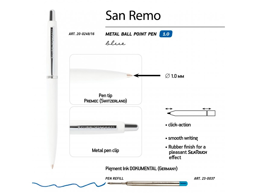 Ручка SAN REMO шариковая, автоматическая, белый металлический корпус 1.00 мм, синяя - купить оптом