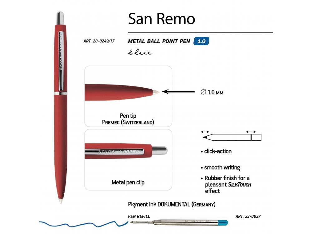 Ручка SAN REMO шариковая, автоматическая, красный  металлический корпус 1.00 мм, синяя - купить оптом