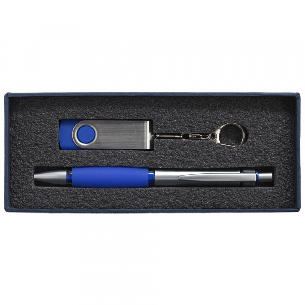 Коробка Notes с ложементом для ручки и флешки, синяя - купить оптом