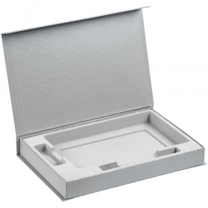 Коробка Silk с ложементом под ежедневник 13x21 см, флешку и ручку, серебристая - купить оптом