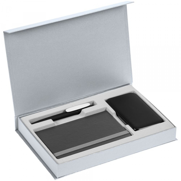 Коробка Silk с ложементом под ежедневник 10x16 см, аккумулятор и ручку, серебристая - купить оптом