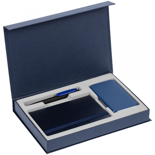 Коробка Silk с ложементом под ежедневник 10x16 см, аккумулятор и ручку, синяя - купить оптом