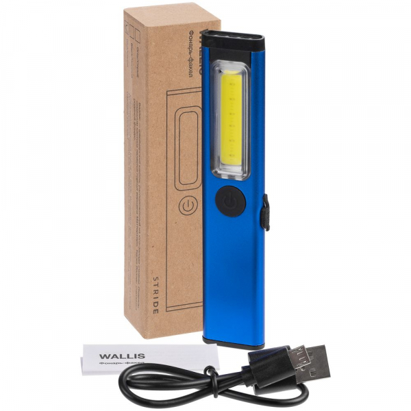 Фонарик-факел аккумуляторный Wallis с магнитом, синий - купить оптом