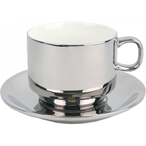 Серебряная чайная пара: чашка на 250 мл с блюдцем, серебристый - купить оптом