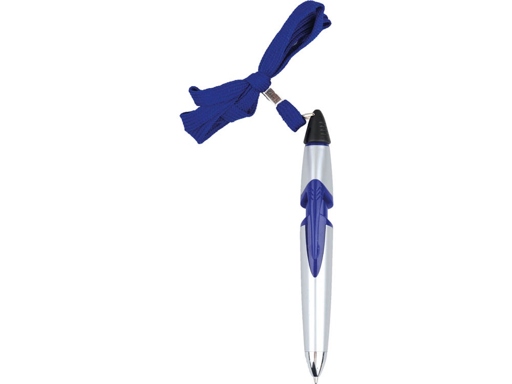 Ручка шариковая на шнуре серебристая/синяя, серебристый/синий/черный - купить оптом