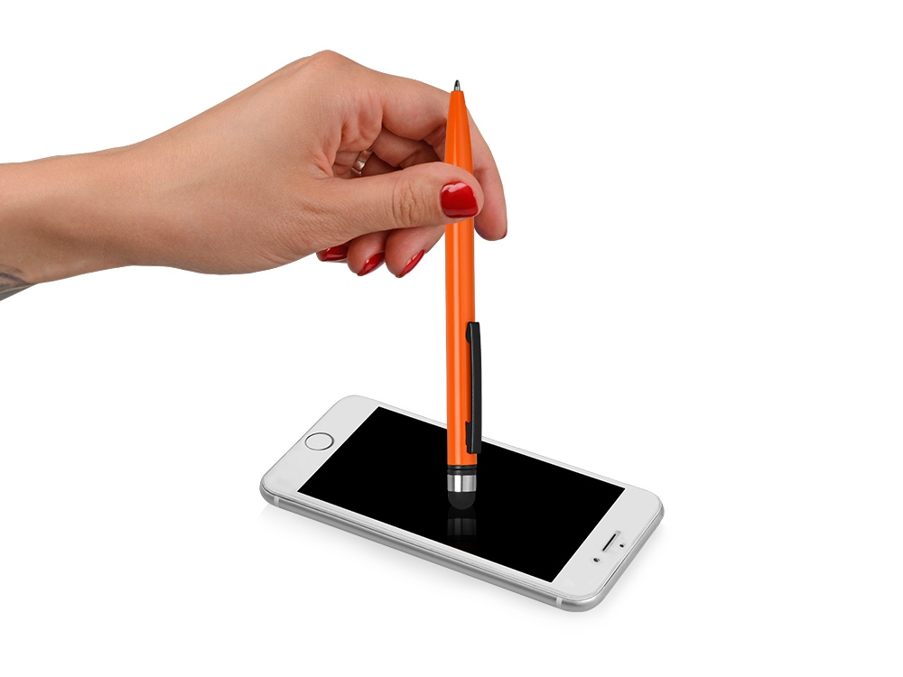 Ручка-стилус металлическая шариковая Poke, оранжевый/черный - купить оптом