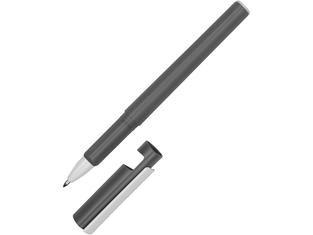 Ручка пластиковая шариковая трехгранная Nook с подставкой для телефона в колпачке, серый/белый - купить оптом