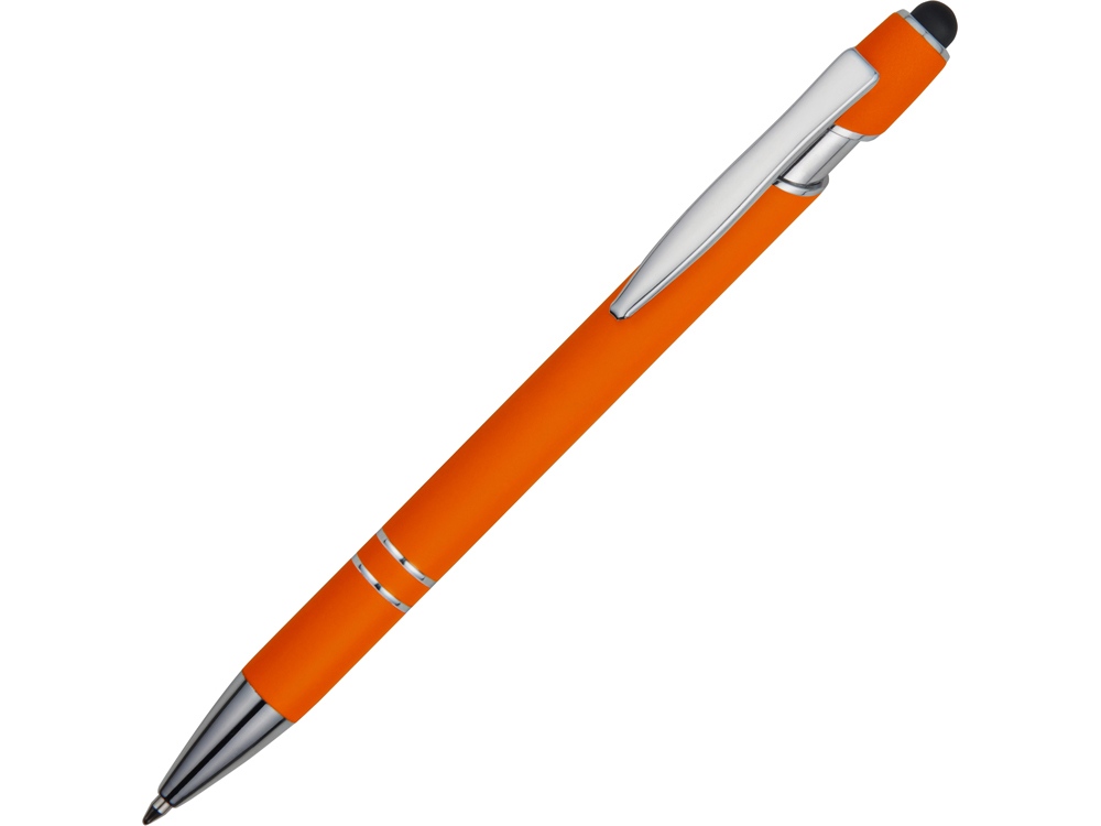 Ручка металлическая soft-touch шариковая со стилусом Sway, оранжевый/серебристый - купить оптом