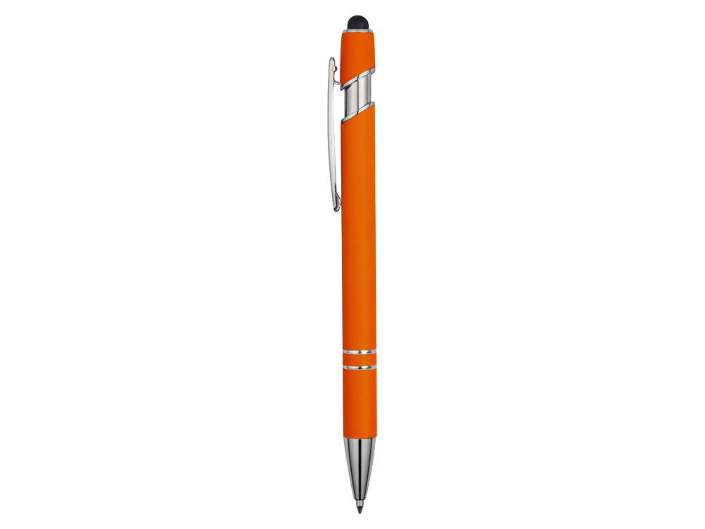 Ручка металлическая soft-touch шариковая со стилусом Sway, оранжевый/серебристый - купить оптом