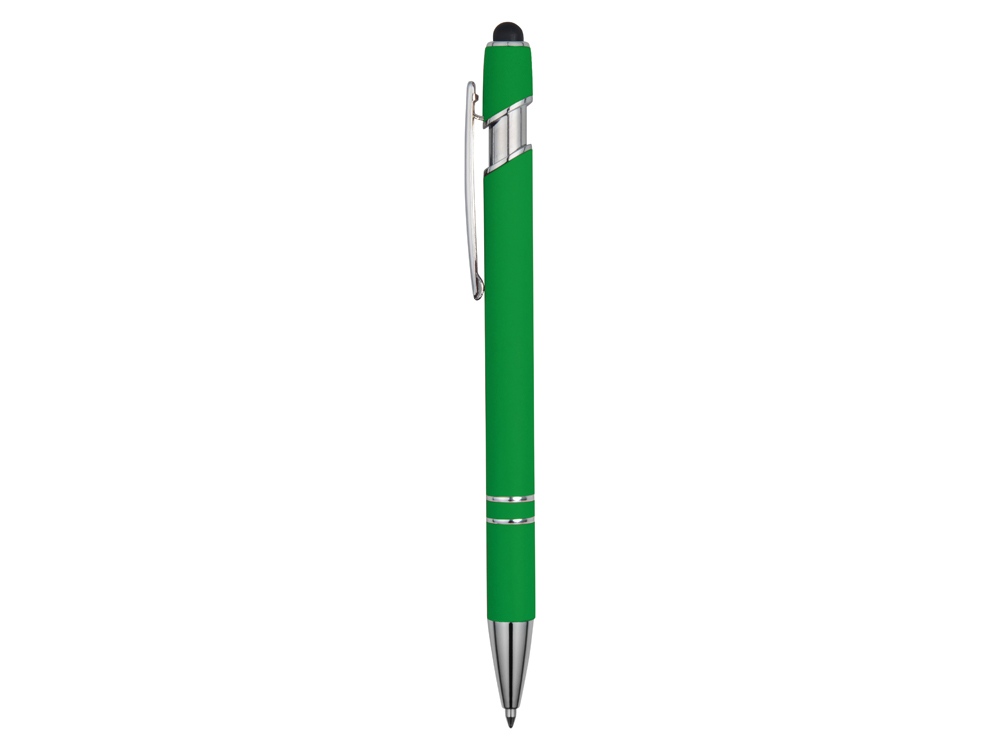 Ручка металлическая soft-touch шариковая со стилусом Sway, зеленый/серебристый - купить оптом
