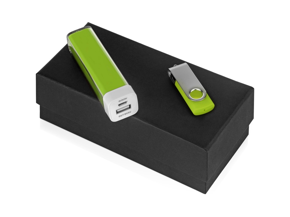 Подарочный набор Flashbank с флешкой и зарядным устройством, зеленый - купить оптом