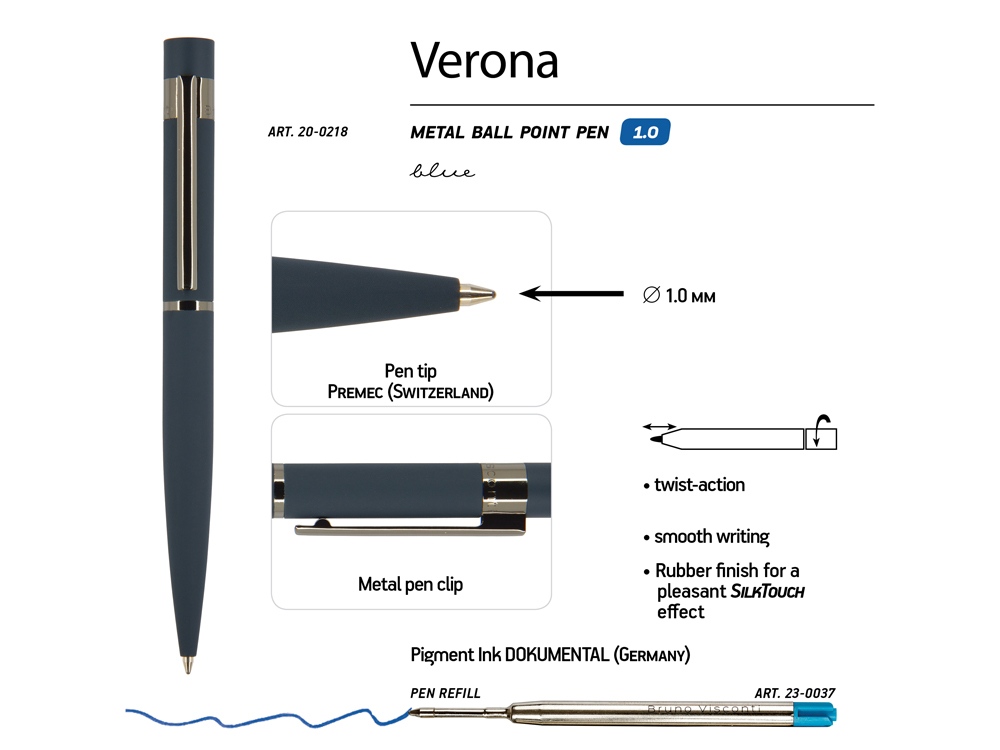 Ручка Verona шариковая автоматическая, синий металлический корпус 1.0 мм, синяя - купить оптом