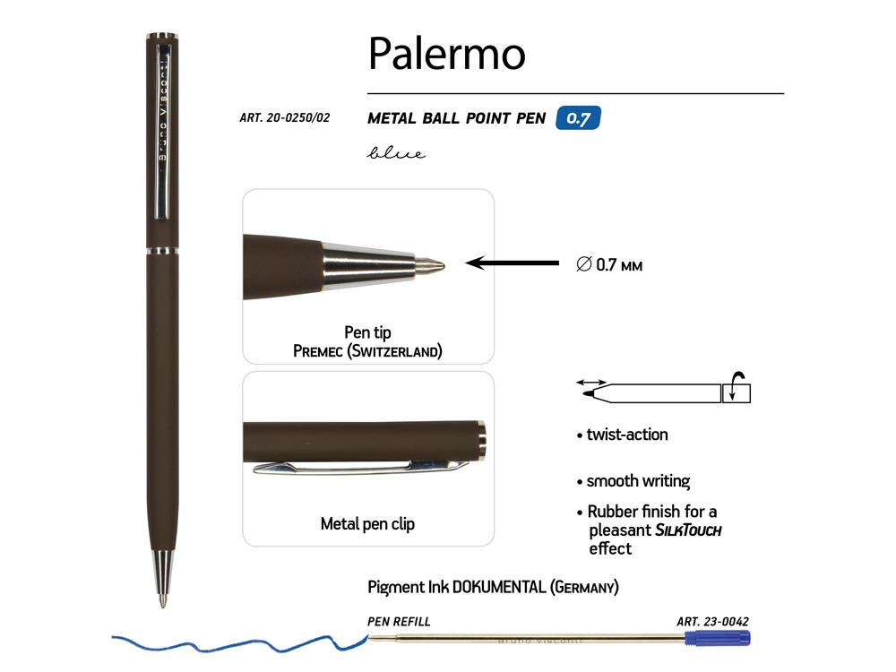 Ручка Palermo шариковая  автоматическая, коричневый металлический корпус, 0,7 мм, синяя - купить оптом