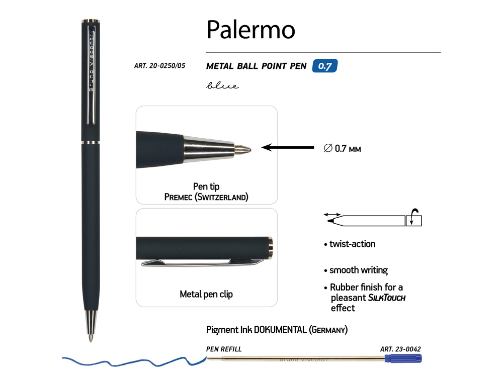 Ручка Palermo шариковая  автоматическая, сине-черный металлический корпус, 0,7 мм, синяя - купить оптом