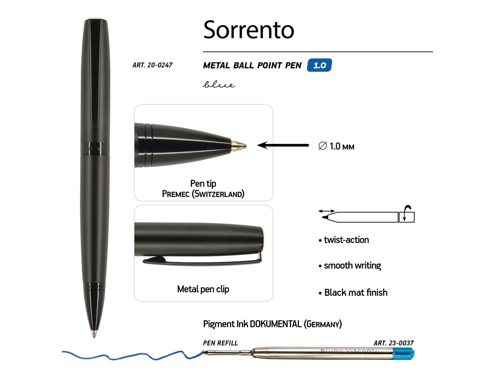 Ручка металлическая шариковая Sorento, 1,0мм, синие чернила, черный - купить оптом