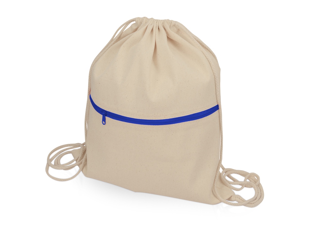 Рюкзак-мешок хлопковый Lark с цветной молнией, натуральный/синий - купить оптом