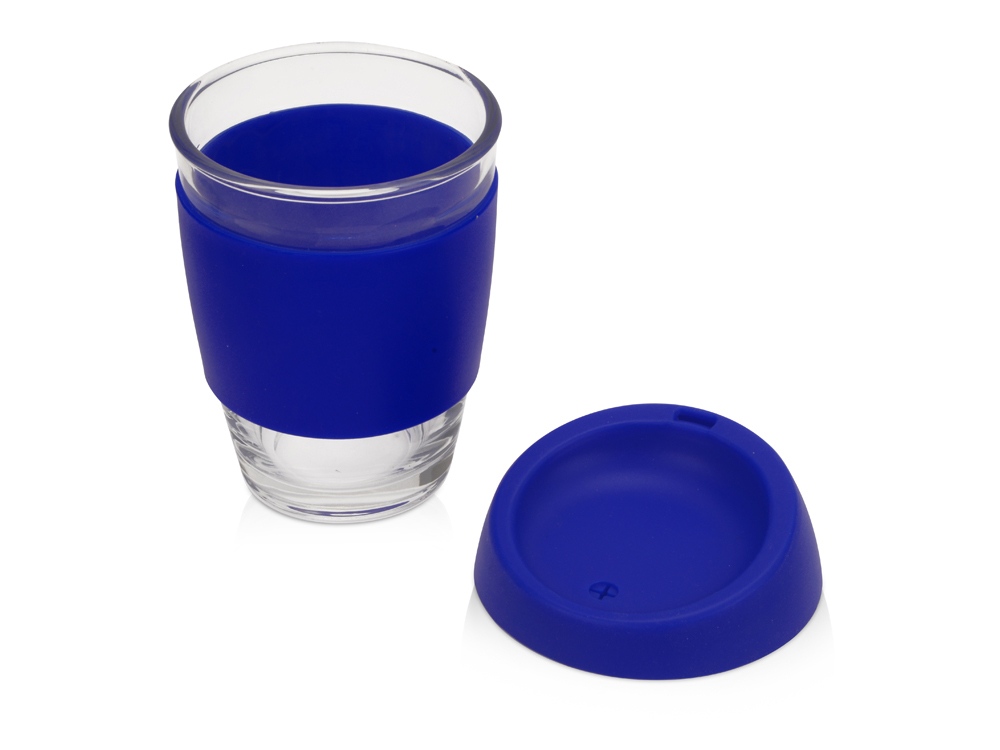 Стеклянный стакан Monday с силиконовой крышкой и манжетой, 350мл, синий - купить оптом