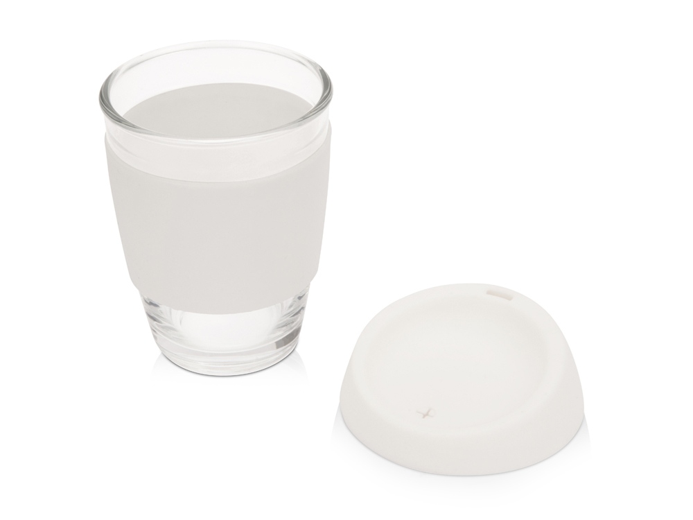 Стеклянный стакан Monday с силиконовой крышкой и манжетой, 350мл, белый - купить оптом