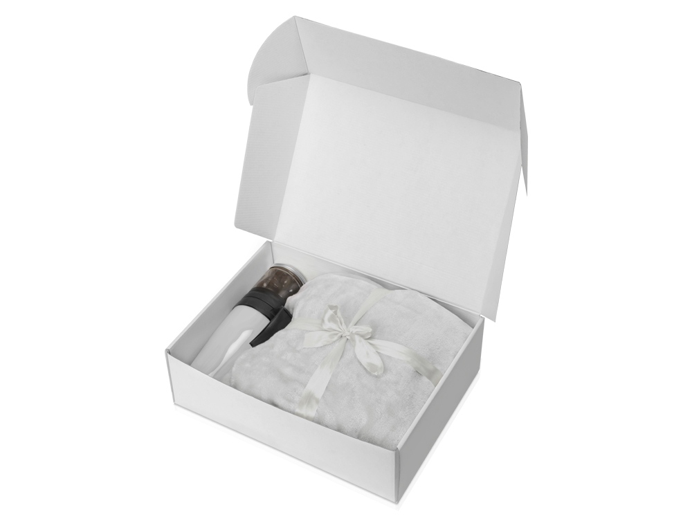 Подарочный набор с пледом, термокружкой и миндалем в шоколадной глазури Tasty hygge, белый, плед- белый, термокружка- белый/черный - купить оптом