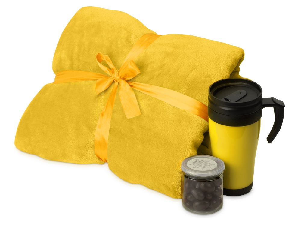 Подарочный набор с пледом, термокружкой и миндалем в шоколадной глазури Tasty hygge, желтый, плед- желтый, термокуржка- желтый/черный - купить оптом