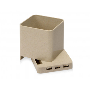 Настольный органайзер Cubic из пшеничного волокна с функцией беспроводной зарядки и выходами USB, натуральный - купить оптом