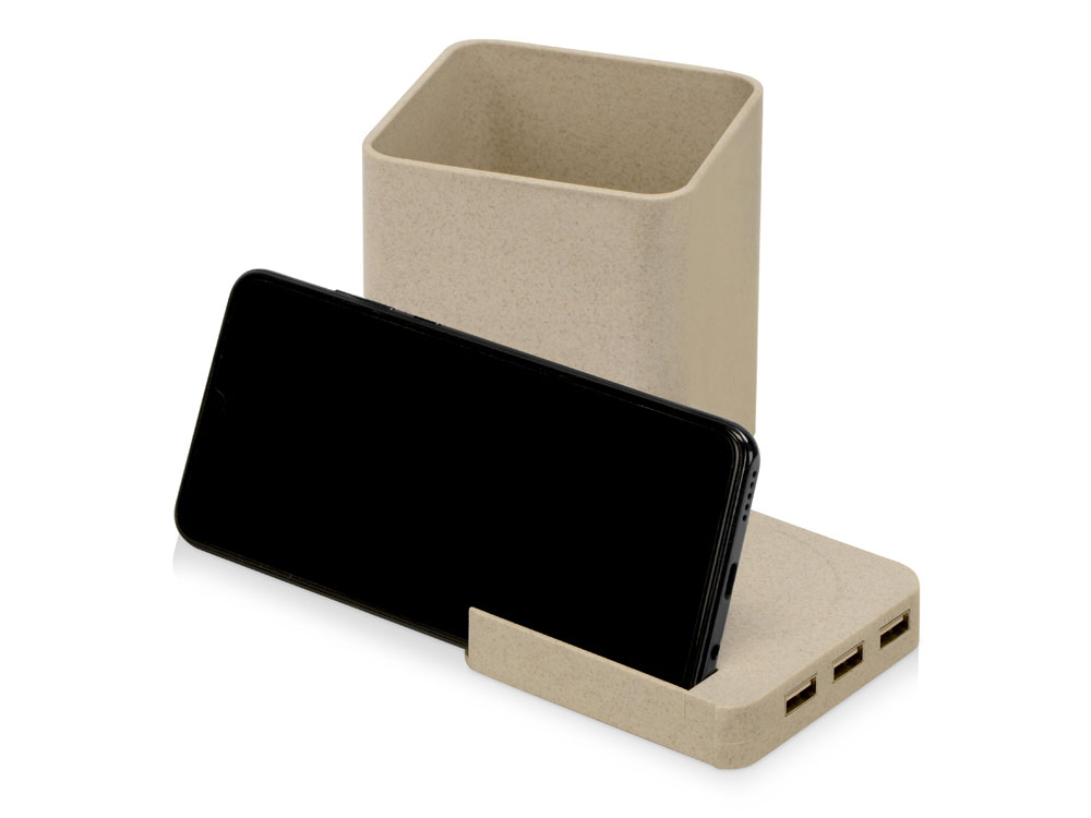 Настольный органайзер Cubic из пшеничного волокна с функцией беспроводной зарядки и выходами USB, натуральный - купить оптом