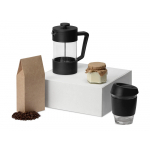 Подарочный набор с кофе, кружкой и френч-прессом Бодрое утро, черный, френч-пресс- прозрачный/черный, стеклянный стакан- прозрачный/черный, упаковка кофе- крафт, бумажный наполнитель- серый