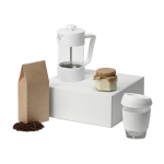 Подарочный набор с кофе, кружкой и френч-прессом Бодрое утро, белый, френч-пресс- прозрачный/белый, стеклянный стакан- прозрачный/белый, упаковка кофе- крафт, бумажный наполнитель- серый