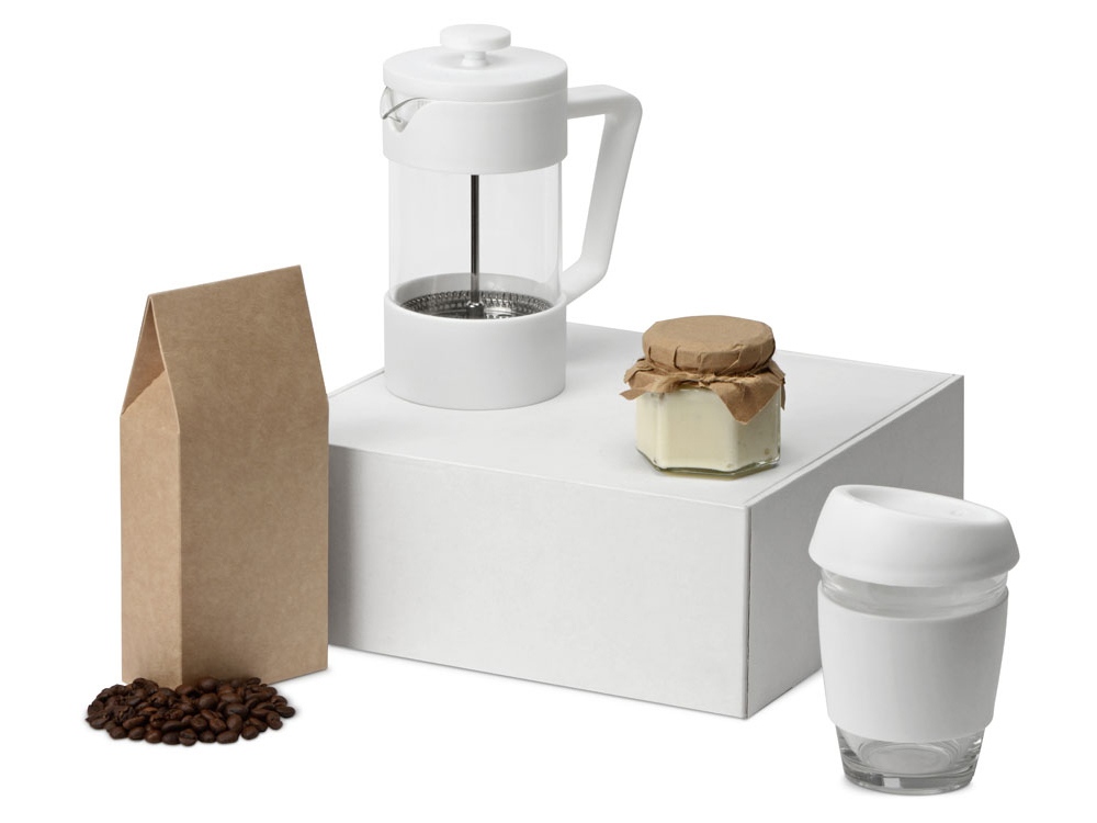 Подарочный набор с кофе, кружкой и френч-прессом Бодрое утро, белый, френч-пресс- прозрачный/белый, стеклянный стакан- прозрачный/белый, упаковка кофе- крафт, бумажный наполнитель- серый - купить оптом